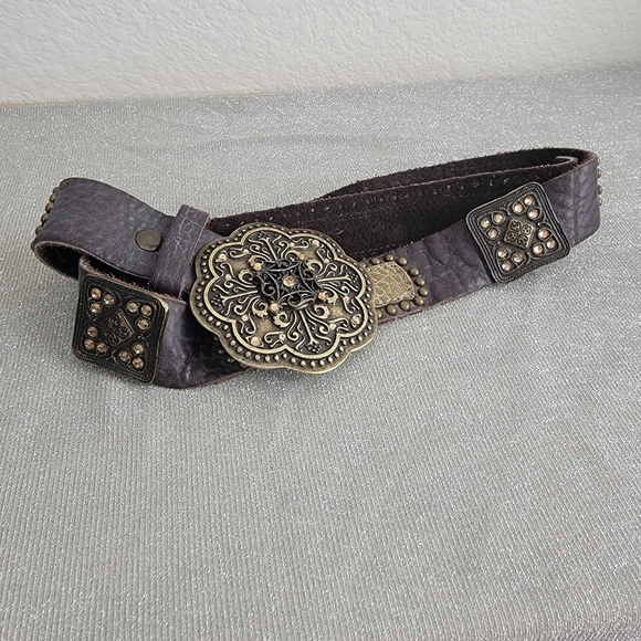 Western Brown Leather Belt with Ornate Buckle, Studs and Hides - Picture 2 of 8